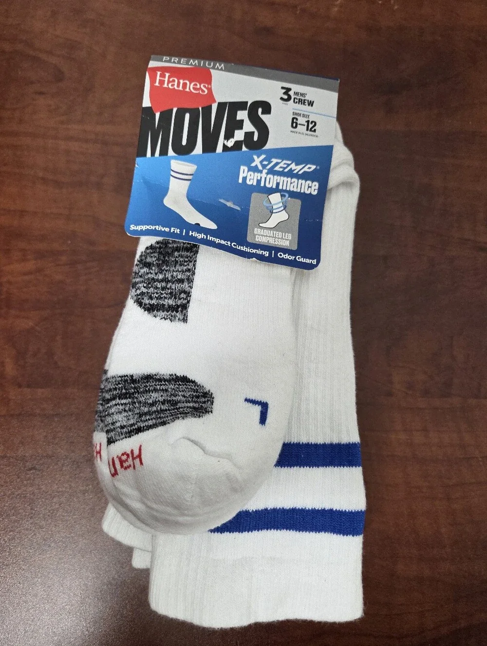 Hanes Premium White Crew Athletic Socks with Blue Stripes - 3 Pack Nwt